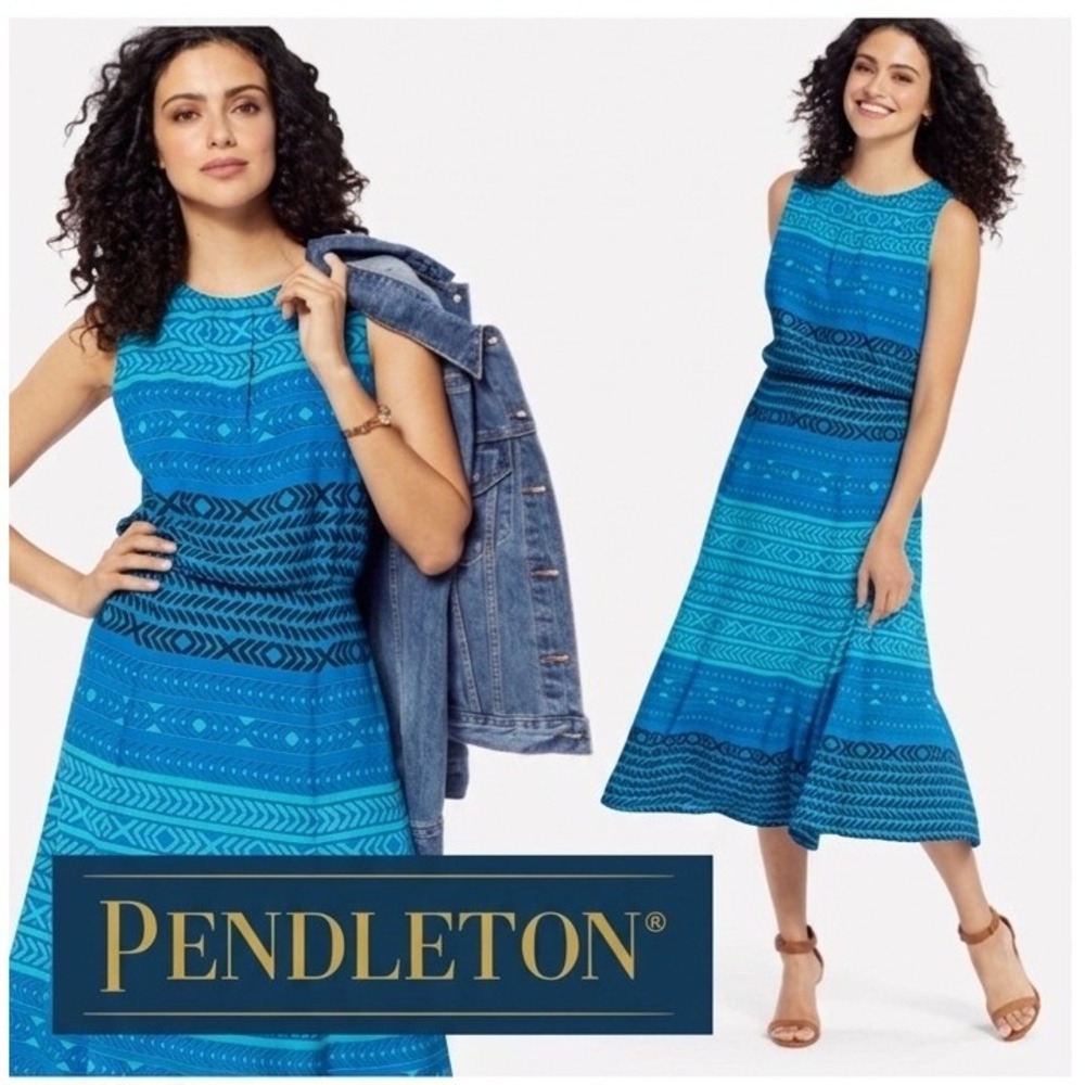 Pendleton Blue Teal Aztec Geometric A-Line Midi Dress‎ Petite 12 Sleeveless